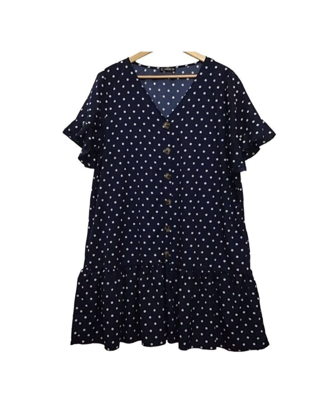 Shein 2XL Polka Dots Dress Navy Blue Plus Size lightweight woven button up v nec